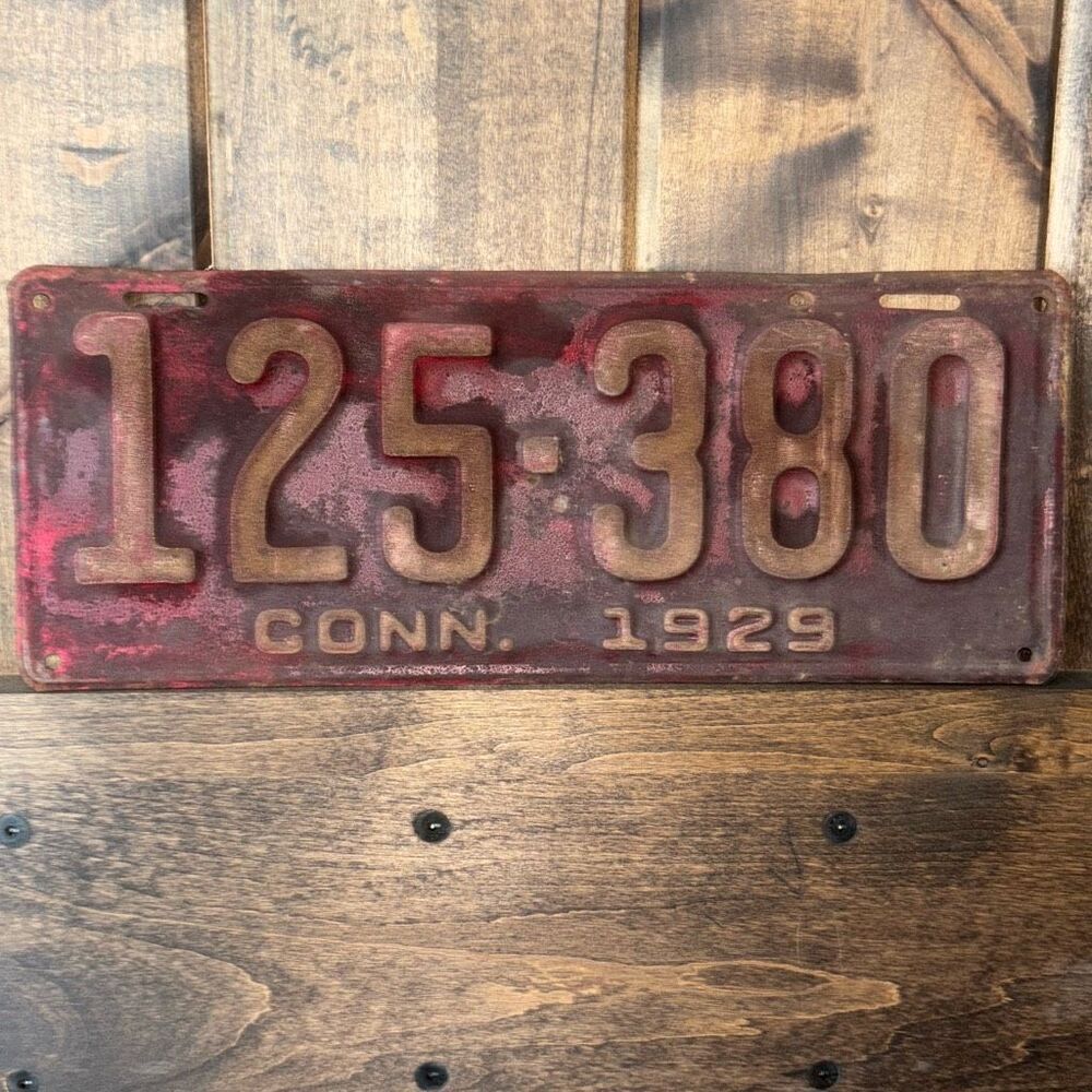 Original 1929 Connecticut CT license plate red metal 15x6" antique collectible